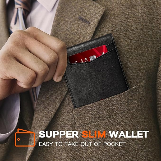 RUNBOX Wallet for Men Slim Leather Bifold RFID Blocking Minimalist Front Pocket Design with Gift Box