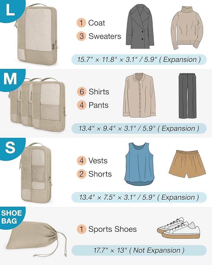 BAGSMART Compression Packing Cubes, Durable Travel Packing Cubes for Carry-On Suitcase, Lightweight Compressible Luggage Organizer Cruise Ship Travel Essentials, 6-Pack 1L+3M+1S+Shoe Bag, Khaki