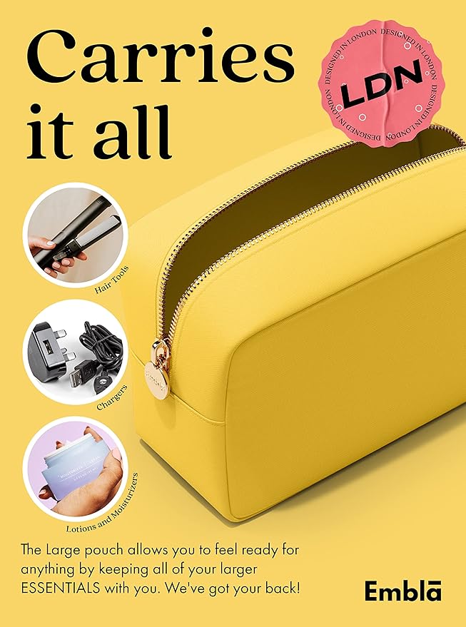 Embla Large Makeup Bag and Waterproof Nylon Travel Toiletry Bag, Large Capacity Cosmetic Zipper Pouch, Yellow
