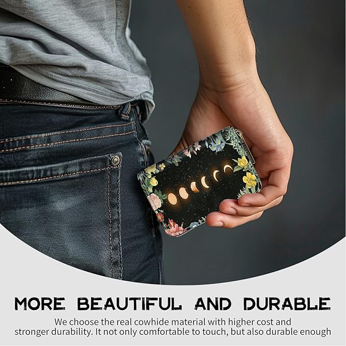 Cute Credit Card Holder with Zipper, Moon Flower RFID-Blocking Card Case Small Wallet for Women Men, Multi-slot Card Organizer Case Travel Accordion Wallet