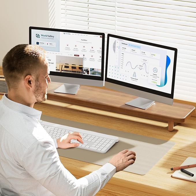 Dual Monitor Stand Riser, 39 Inch Extra Long Wooden Desktop Monitor Riser with Storage for 2 Monitors Ultra Strong Desk Shelf Organizer Riser Ergonomic for 2 Screens/Laptop/PC/TV/Printer (Walut brown, 39inches)
