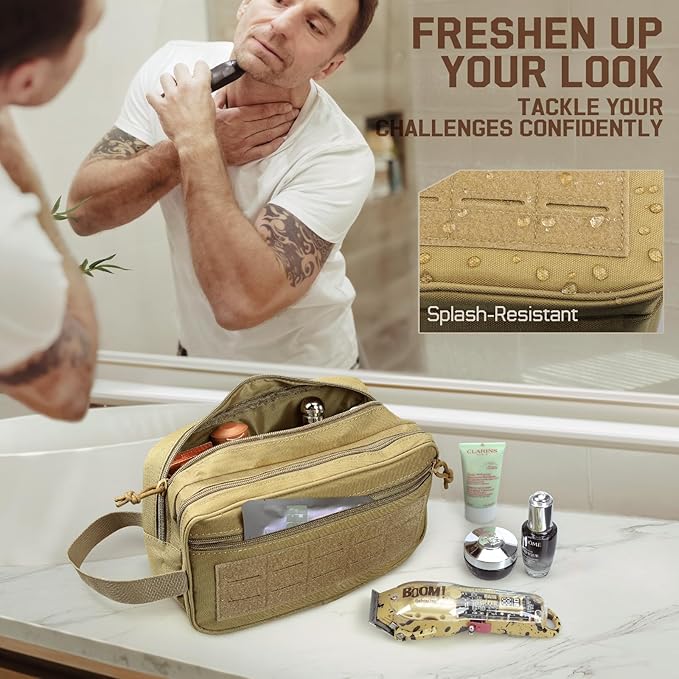 RXW EDC Toiletry Bag for Men, Tactical Dopp Kit, Molle Pouches Compact Travel Organizer for Shaving Shower, Hygiene, Grooming (Includes Dry/Wet Compartment & US Flag Patch)