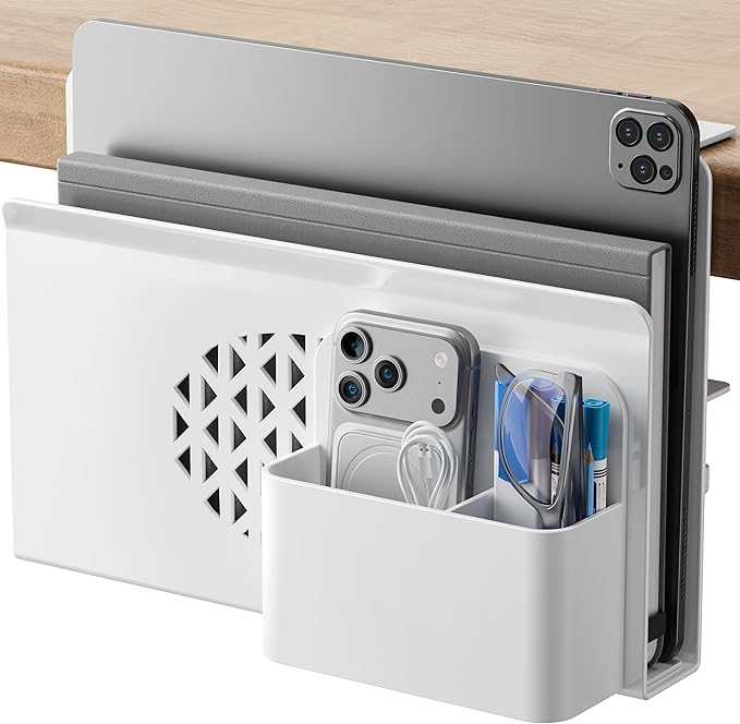 Desk Side Storage, Metal Laptop Holder with Magnetic Pen Box, Clamp-On Under Desk Organizer with Cooling Holes & Anti-Scratch Pads for Office and Home (White)