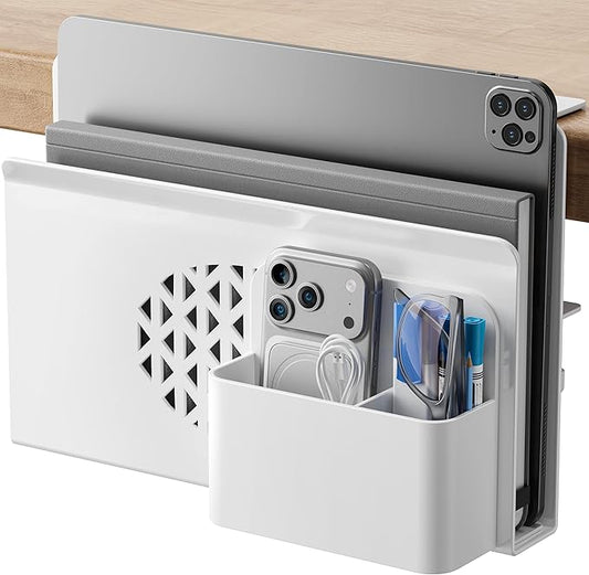 Desk Side Storage, Metal Laptop Holder with Magnetic Pen Box, Clamp-On Under Desk Organizer with Cooling Holes & Anti-Scratch Pads for Office and Home (White)