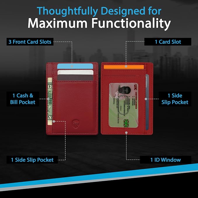 ALLEN & MATE 100% Genuine Leather Slim Minimalist wallet RFID Blocking Card Holder Wallets for Men & Women - Holds 7 Cards, ID & Cash with Gift Box (Maroon)