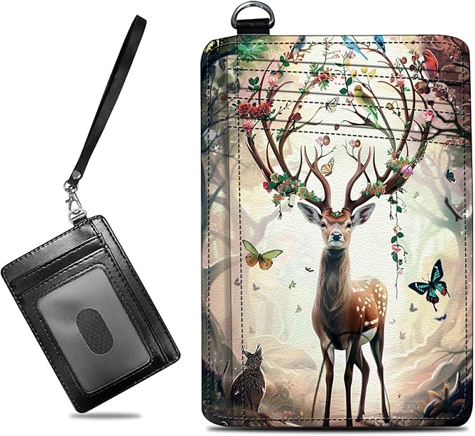 Small Travel Wallets, Decorative Deer Butterfly Slim Minimalist Front Pocket Wallet with Wristlet, RFID Blocking PU Leather Credit Card Holder with ID Window Change Purse for Men Women