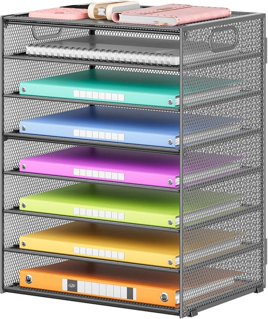 Lavatino 8-Tier Office Desk File Organizer, Letter Tray Paper Organizer with Handle, Including 5 Adjustable Slide Trays for Organizing Desktop Workspace Accessories and Supplies (Grey Metal Mesh)
