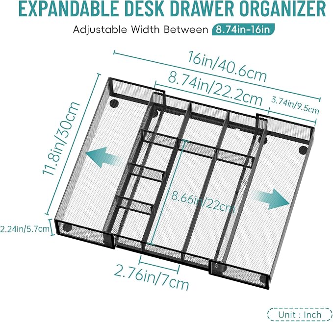 2 Pack Expandable Desk Drawer Organizer Tray with 10 Adjustable Compartments Metal Mesh Office Drawer Organizer for Home, School Supplies, Makeup Vanity & Jewelry (Black)