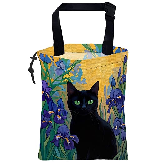 Car Garbage Bag Black Cat Purple Iris Floral Hanging Canvas Car Trash Bag Waterproof Drawstring Car Back Seat Organizer for Car Back Front Seat Console with Adjustable Buckle