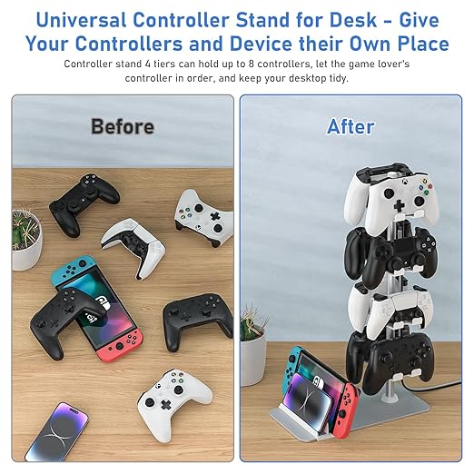 MANMUVIMO Controller Holder for 8 Xbox PS5 PS4 Gaming Controller, Controller Stand Desk, Gamer Gifts for Men, Organizer Rack for Headset/iPad/Mobile Phone, Gaming Room Accessories(White)