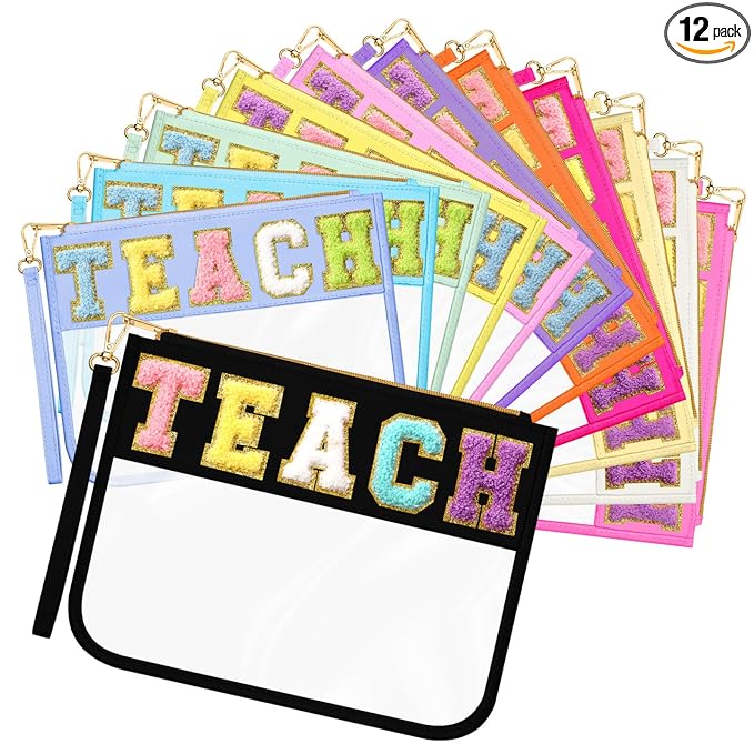 Abbylike 12 Pcs Snack Bags Clear Chenille Letter Teach Zipper Pouch Waterproof PVC Large Travel Makeup Cosmetic Storage Organizer Bag for Mom Team Cheerleaders Teacher (Multicolor)