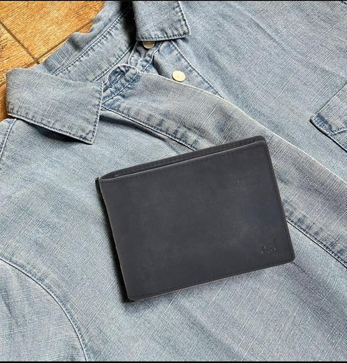 Real Leather Mens Bifold Wallet RFID Blocking Slim Minimalist Front Pocket - Thin & Stylish with ID Window in Gift Box (Crazy Horse, Black)