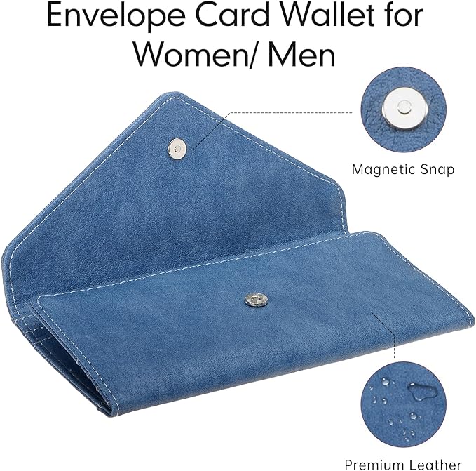 RFID Blocking Envelope Wallet, Vegan Leather Ultra Slim Trifold Multi-Card Holder with 2 ID Windows, Zippered Coin Pocket, Haze Blue