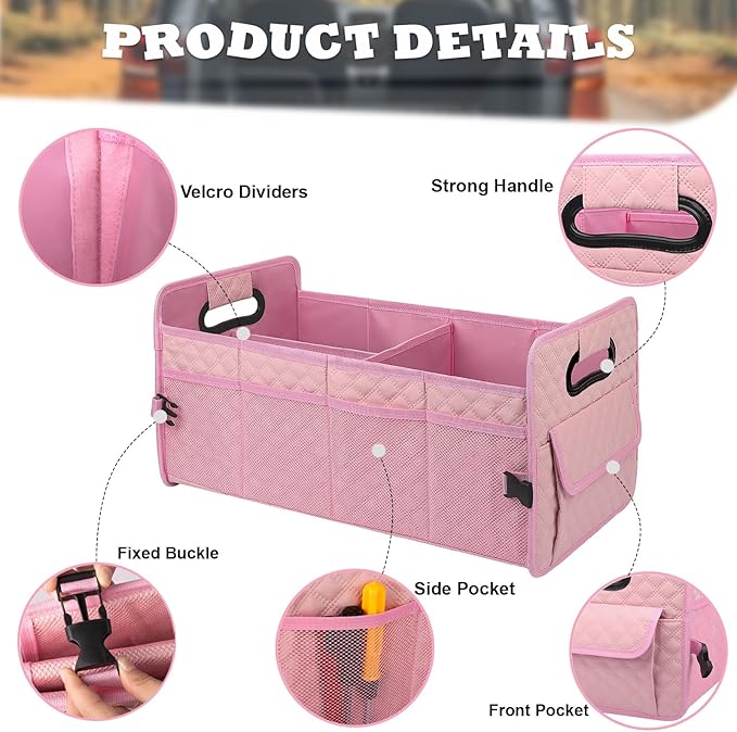 JiatuA Car Trunk Organizer for SUV, Car Storage Organizer Collapsible Multi Compartment Container Box, Adjustable Car Accessories for Women/Men, Large Pink