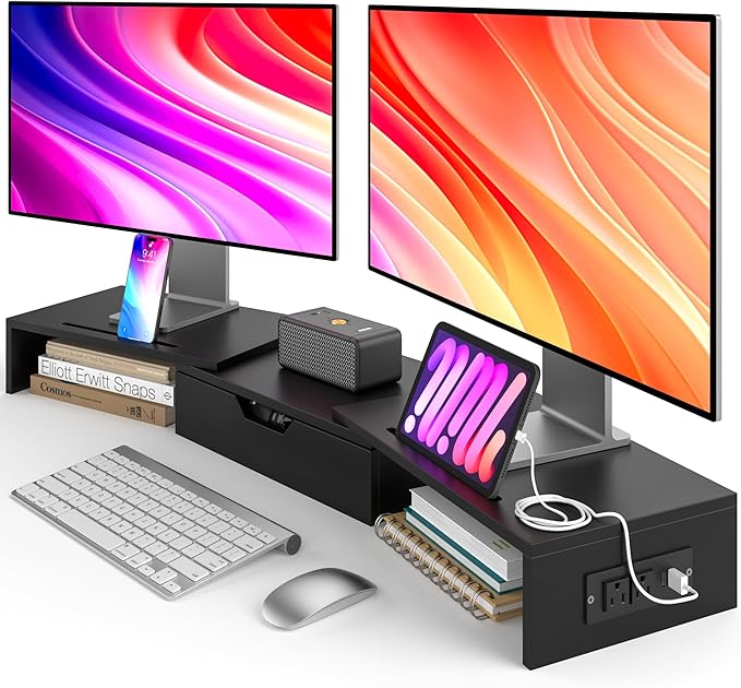 Elephance Dual Monitor Stand with USB Ports,Wood Computer Monitor Stand Riser with Drawer,Adjustable Desk Shelf,Desk Organizer for Computer,Laptop,No Assembly Required,Black
