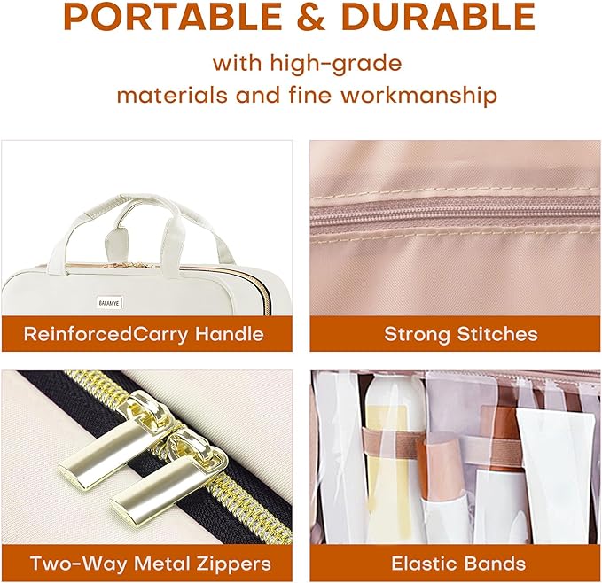 BAFAMYE 8L Travel Toiletry Bag for women - 2.1 GAL Water-resistant Makeup Cosmetic Bag Organizer With Hanging Hook for Travel Accessories Shampoo Full-size Container, Beige