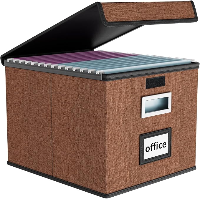 Upgrade Portable File Organizer Box with Lid,Large Linen Hanging Office Document Storage Box with Lid,Collapsible Filing&Storage Box for Office/Decor/Home-14.9x12.7x10.8in,1pk-without folders