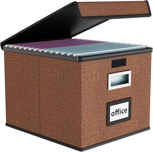 Upgrade Portable File Organizer Box with Lid,Large Linen Hanging Office Document Storage Box with Lid,Collapsible Filing&Storage Box for Office/Decor/Home-14.9x12.7x10.8in,1pk-without folders