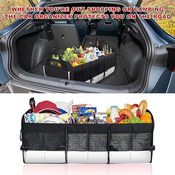 Car Trunk Organizer, Large Capacity Collapsible Cargo Organizer with Adjustable Straps Reinforced Handles, Multi-Compartment Trunk Storage Box for Car Truck SUV Sedan (Black & Gray)