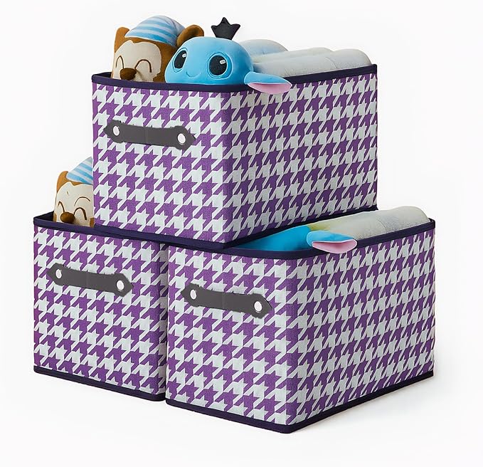 3 Pack Large Collapsible Storage Baskets for Shelves,14.9"x9.5" Fabric Closet storage Boxes with Leather Handles,Decorative Organizers Storage Bins for Clothes,Sheets,Books,(Purple Houndstooth