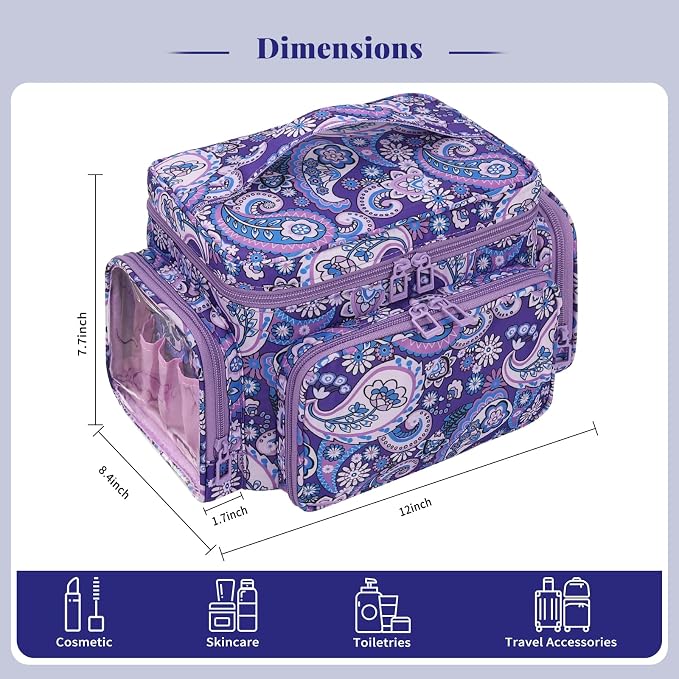 Bagmoly Large Makeup Bag, Portable Travel Makeup Bag Organizer for Women Girls with Makeup Brush Compartment & Two Side Pockets, Cosmetic Travel Bag Vertical Storage Toiletry - Purple