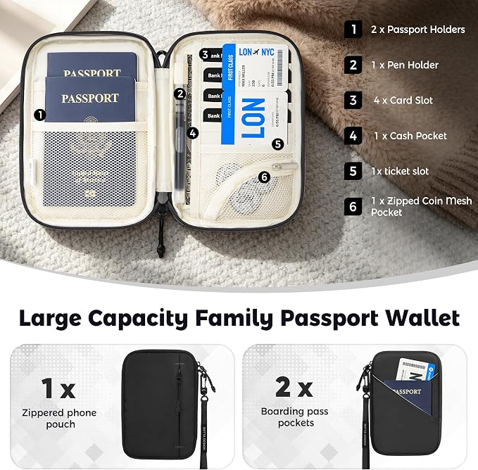 Veki Passport Holder for Travel Women, Family Passport Bag, Travel Document Organizer Case, RFID Blocking Protector Book Wallet for Men, Waterproof Cover Essentials for Credit Cards (Black, M)
