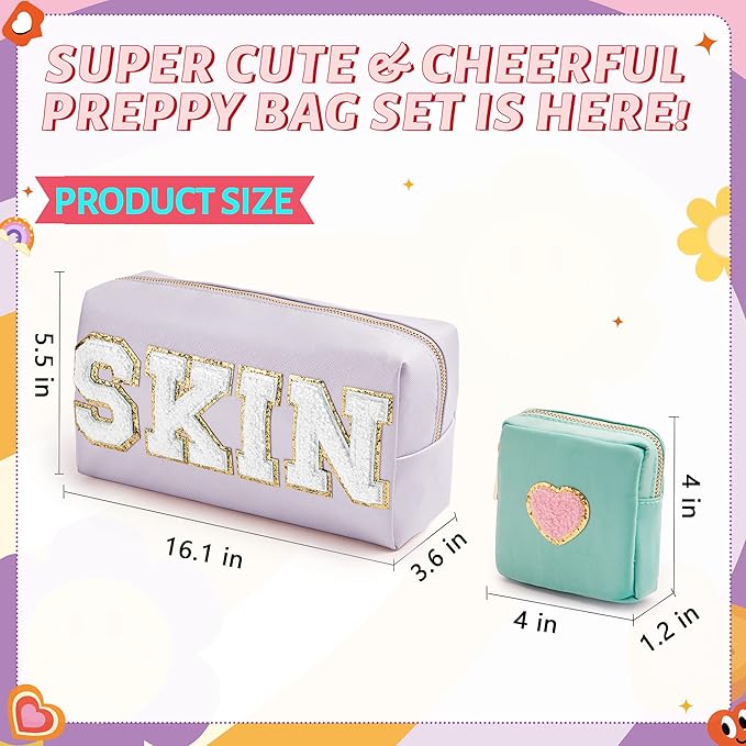 Preppy Patch Skin Makeup Bag for Travel, 2 PCS Chenille Letter Cosmetic Sunscreen Bag, PU Waterproof Beach Bag Pouch Organizer,Gift for Women Girls