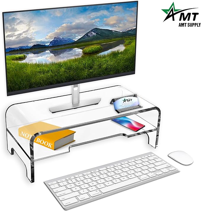 AMT Clear Acrylic Monitor Stand Riser 2 Tier, 5.5 Inches High Clear Computer Desk Organizer Shelf for Multi Media PC Storage Laptop