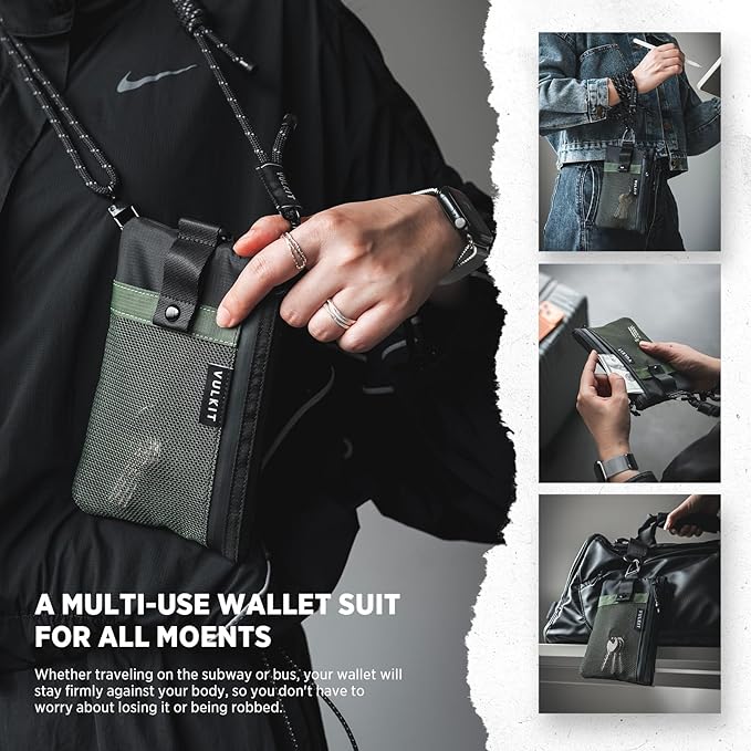 VULKIT RFID Blocking Travel Wallet for Men, Water Resistant Passport & Phone Holder with Detachable Lanyard and Key Ring, Lightweight Zipper Travel Wallet