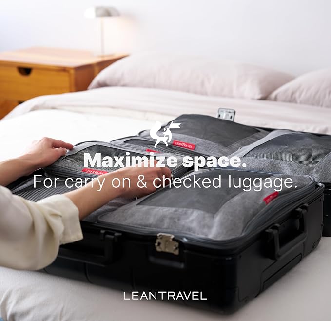 LeanTravel Premium Compression Packing Cubes for Travel - Suitcase Organizer Bags with Double Zipper & Breathable Mesh Panel - Space Saving Carry On Luggage Essentials (6-Pack, Grey)