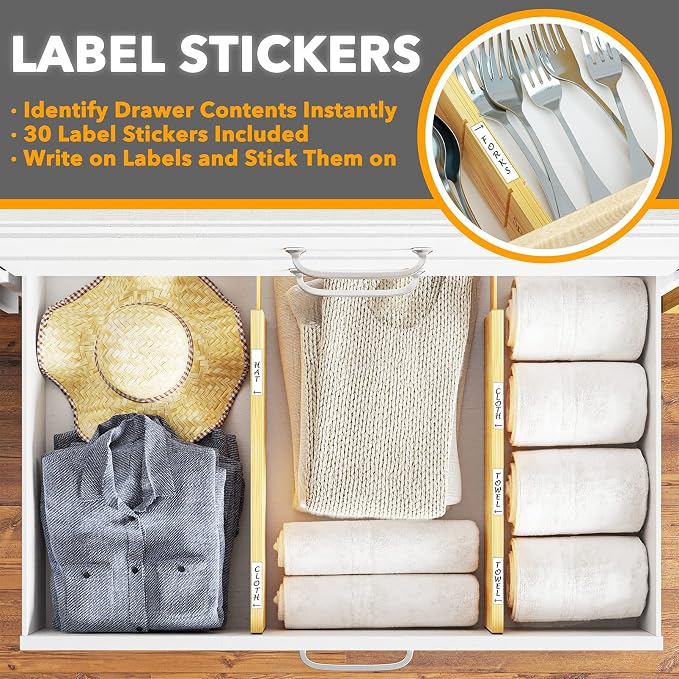 SpaceAid 4“ High Bamboo Deep Drawer Dividers with Labels, Kitchen Adjustable Drawer Organizers, Expandable Organization for Home, Office, Dressers and Bathroom, 2 Dividers (17-22 in)