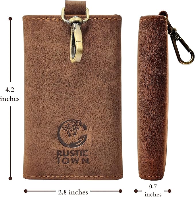 RUSTIC TOWN Leather Key Holder - Smart Fob Car Key Loop Wallet Slim Keychain Pouch - Practical Key Organizer for Men & Women