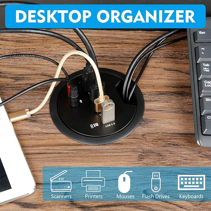 WDX Desk-Fit (Diameter 3.14" or 80MM) 4 Port USB 3.0 Hub with 3.5mm Audio Mic Phone Jack/BC 1.2 USB Charger, 5V/2A Power Adapter for iPhone/Smart Phones(usb3.0 4 Port)(AC Power Supply Included)