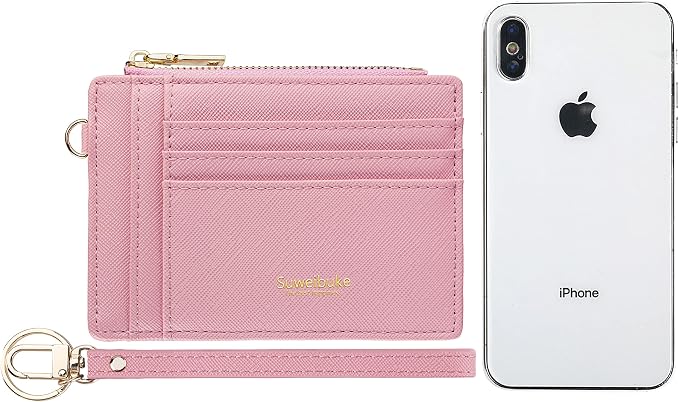 Wikavanli Women Slim Rfid Blocking Credit Card Case Holder Wristlet Zip ID Case Wallet Small Compact Leather Wallet Coin Purse with Keychain (Pink)
