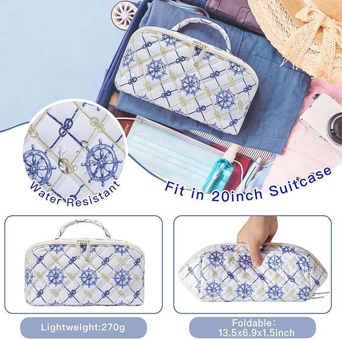 Nautical Travel Makeup Bags for Women Cruise Ship Sailing Trip Essentials Large Lay Flat Quilted Cosmetic Pouch Make Up Brush Organizer, Birthday Gifts for Mom Mothers Day Teacher Nurse Blue Anchor