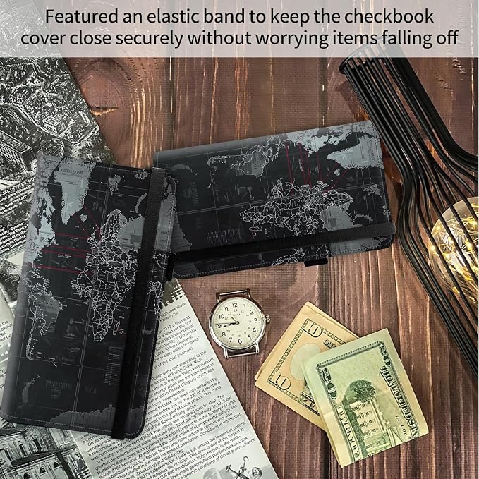 FUYOCWE Leather Checkbook Covers for Men Women Check book Holder Cover Wallets for Personal Checkbook Duplicate Checks with RFID Blocking & Elastic Strap-Black Gray World Map with red line
