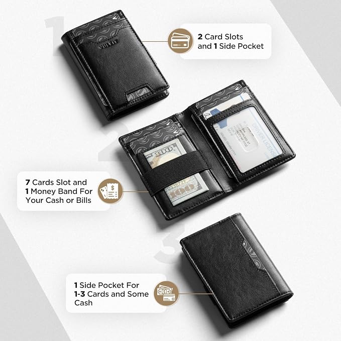 VULKIT Credit Card Holder RFID Blocking Slim Leather Front Pocket Mens Wallet Bank Card Holder Quick Access with 10 Slot and Money Band for Bills or Receipt, Palm-Size Wallet, Black, 10.9 x 7.3 x 1.6