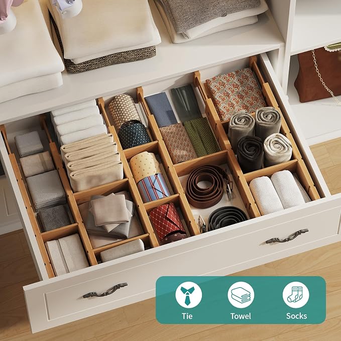 Bamboo Drawer Dividers with Inserts, Kitchen Adjustable Drawer Organizers, Expandable Organization for Home, Dressers, 4 Dividers with 8 Inserts