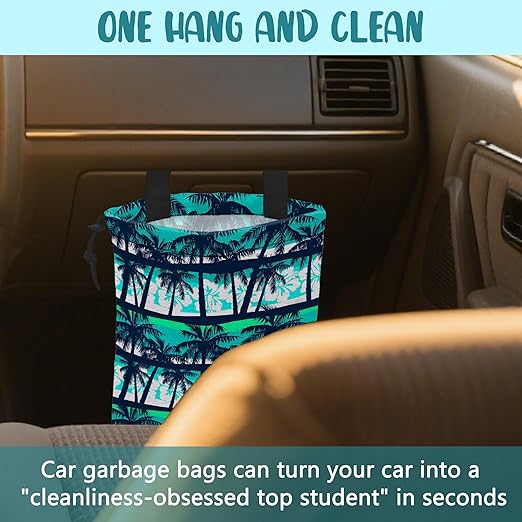 Car Garbage Bag Tropical Green Palm Trees Hanging Canvas Car Trash Bag Waterproof Drawstring Car Back Seat Organizer for Car Back Front Seat Console with Adjustable Buckle