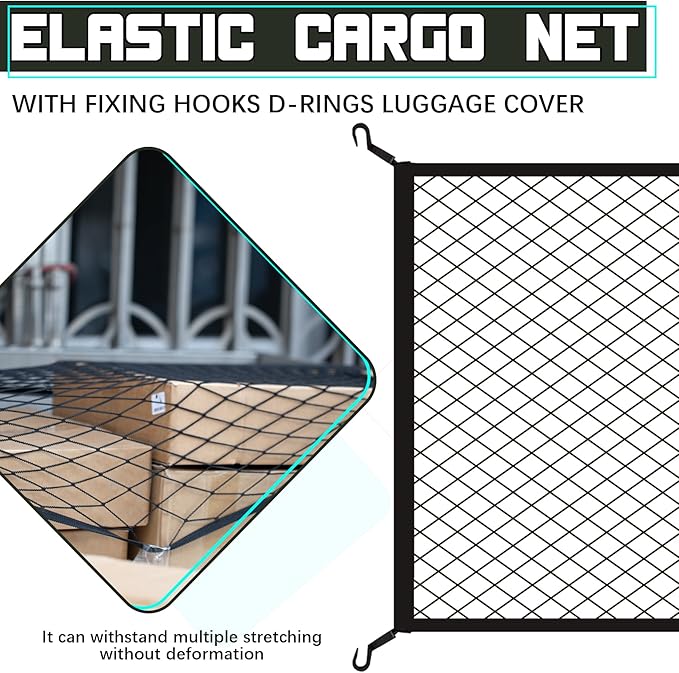JINGKE Elastic Cargo Net with Fixing Hooks D-Rings Luggage Cover for SUV Rear Trunk Bed Netting Cover ，Net Stretchable Mesh Organizer 32" x 24" Stretch to 63"x43"