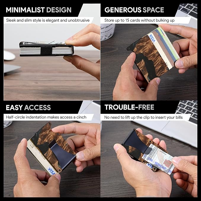 Slim Wallet for Men,RFID Blocking Minimalist Metal Wallet, Money Clip/Cash Holder, Front Pocket Aluminum Credit Card Holder, Ideal Gift for Men,Resin Black Wood