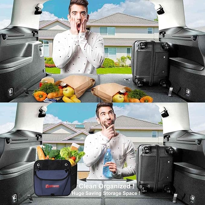 AUTOARK Multipurpose Car Trunk Organizer with Foldable Lid and Straps,Non-Slip Waterproof Bottom,Durable Collapsible Adjustable Compartments Cargo Storage,Navy Blue,AK-142
