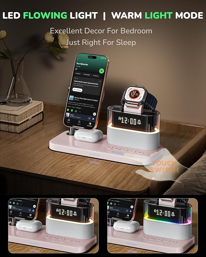 5 in 1 Wireless Charging Station,Alarm Clock with Night Light Magnetic Multiple Charger for iPhone 17/16/15/14/13/12 Pro Max,Apple Watch Series Air-Pods,Bedroom Charging Stand