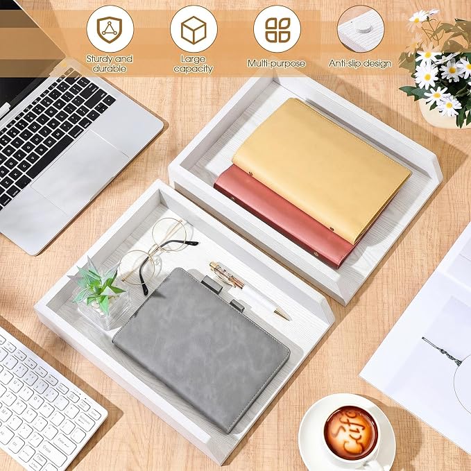 DoubleFill 2 Pcs Wooden Letter Trays Wood Letter-Size Desk Organizer Heavy Duty 2 Tier Stackable Supports Paper Tray Desktop Drawer Organizer File Folder Magazine Office Accessories (White)