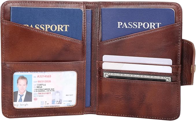Polare Full Grain Leather Slim and Soft RFID Blocking wallet For Men Snap Bifold Travel Wallet Passport Holders 2 Passports (Coffee)