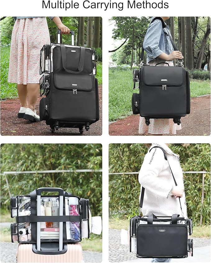 Relavel Rolling Makeup Train Case with Large Clear Makeup Bag, Hairstylist Traveling Bag with 4 Wheels, Cosmetic Storage Organizer Hair Stylist Travelling Bag with Adjustable Dividers & Shoulder Strap