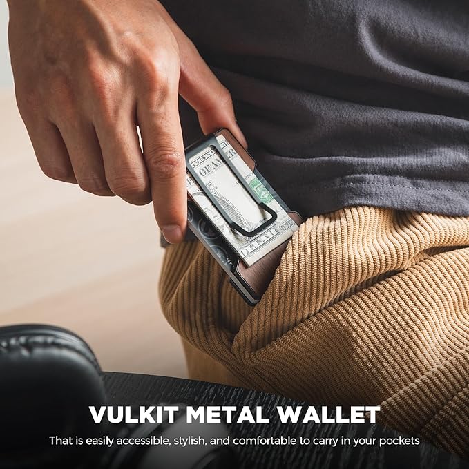 VULKIT Men's Metal Wallet with Money Clip Slim Credit Card Holder, Minimalist Business Card Case Front Pocket Wallet for Men(Wood)