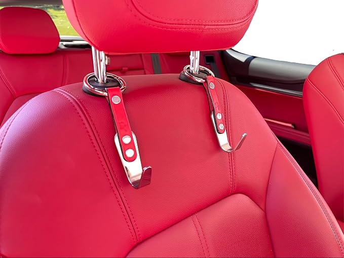 Car Headrest Hanger Hooks 2 Pack Premium Leather Stainless Steel Car Seat Head Rest Storage Organizer Universal for Handbag Purse Vehicle Car Pink
