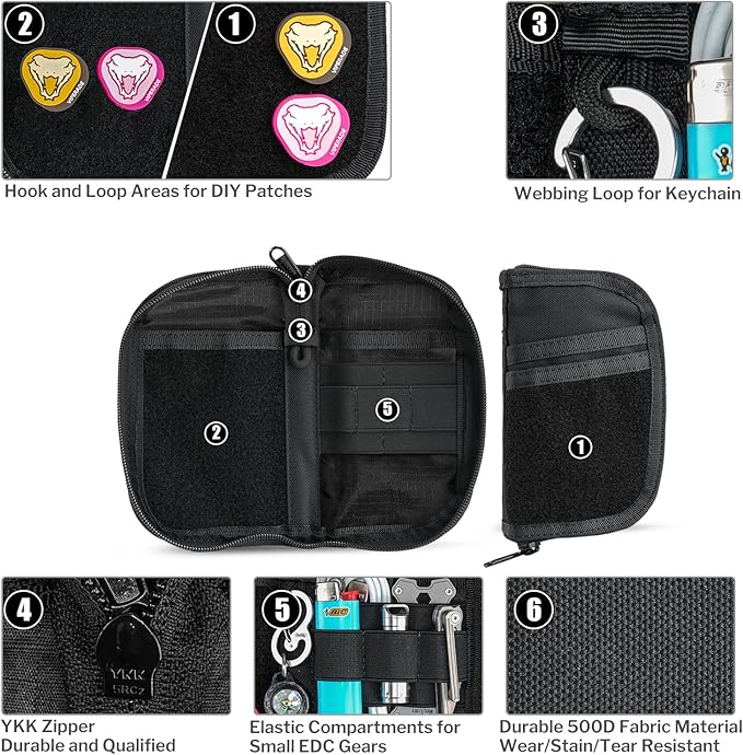 VIPERADE VE22 EDC Pouch Small Pocket Organizer with 9 Compartments, Pocket Tools Pouch with DIY Patches Areas, Compact Multitool Organizer Bag for Men