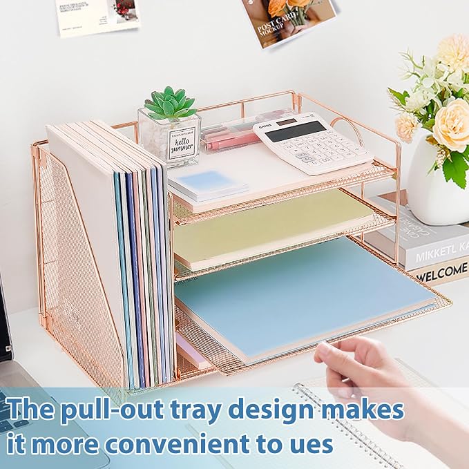 OPNICE Desk Organizer, 5-Tier Paper Organizer Letter Tray with Magazine Holder, Office Desk Accessories & Workspace Organizers, Desktop File Organizer for Office Supplies Storage, Rose Gold
